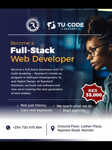 Tu-Code Academy by Ryantech Solutions Become a Full Stack Developer with Tu-Code Academy — our hands-on program in Software Development, AI, and Digital Design. At Ryantech Solutions, we build real software and now we’re training the next generation of tech leaders. Parents: Give your child a future-proof skill. Youths: Start building your tech career today! 🌐 Apply: https://youths.ryantech.co.ke 📞 Call/WhatsApp: 0720 475 664 📍 Visit us: Open in Google Maps: https://maps.app.goo.gl/o1yg54csCM