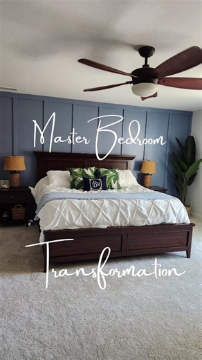 New brighter paint, carpet, lighting, and craftsman window trim. And for the biggest impact, a board and batten accent wall! Colors: SW Bracing Blue and SW Pure White | Baz Builds