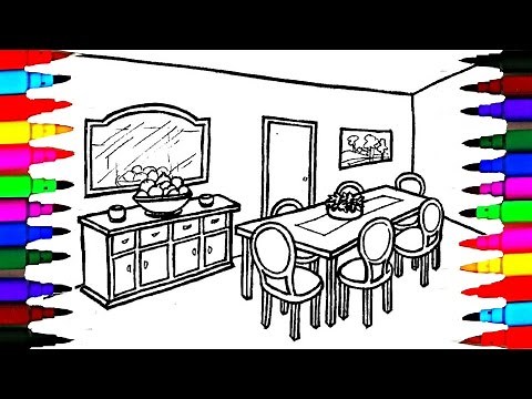 Coloring Pages Dining Table and Chairs l Mirror l Dining Room Drawing Pages To Color For Kids
