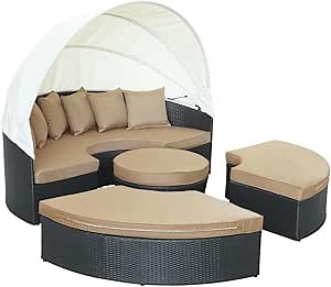 Modway Quest Wicker Rattan Outdoor Patio Canopy Sectional Daybed in Espresso Mocha
