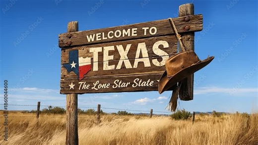 Welcome to Texas Lone Star State Sign with Cowboy Hat Under Blue Sky