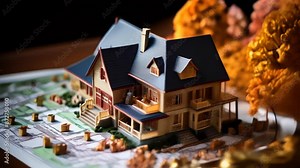 Miniature house model on a map with autumn trees