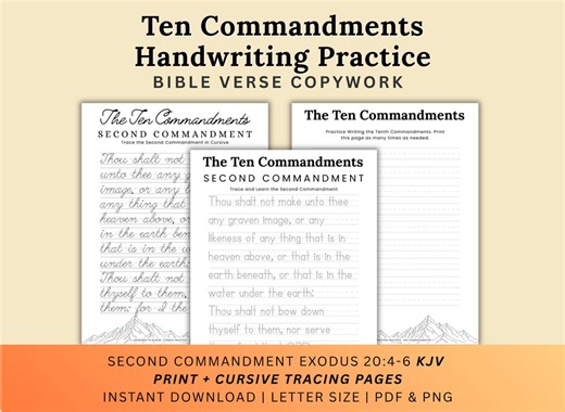 The Ten Commandments KJV Handwriting Practice Print   Cursive Worksheets - Second Commandment – Exodus 20:4-6 (PDF) - Etsy