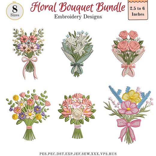 Floral Bouquet Embroidery Designs, Rose Lily Wildflower Wrapped Bouquets, Romantic Spring Flower Arrangements, 8 Sizes, Instant Download - Etsy