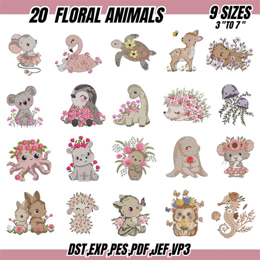 Safari Animals Embroidery Designs, Animals With Flowers Embroidery, Zoo Animal Machine Embroidery, Baby Girl Embroidery, Occean Animals Emb - Etsy