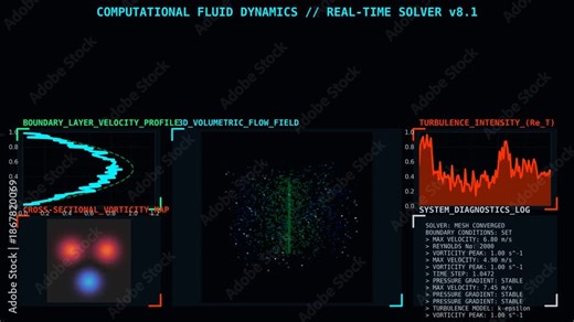 Computational Fluid Dynamics Dashboard Showing 3D Volumetric Flow Field, Boundary Layer Velocity Profile, Turbulence Intensity and Vorticity Analysis
