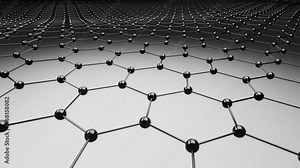 Abstract looped black and white 3d background made of shiny metal plastic atomic hexagonal lattice