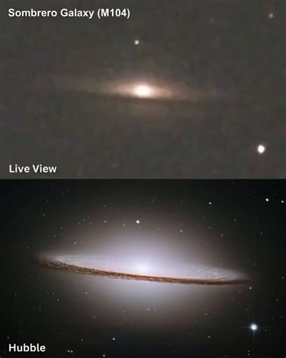 Sombrero Galaxy (M104) — live through a backyard 8" SCT from Earth vs. Hubble’s resolved glory. 29 million ly away, edge-on spiral with that iconic dust lane… and we can still see it from our driveway.