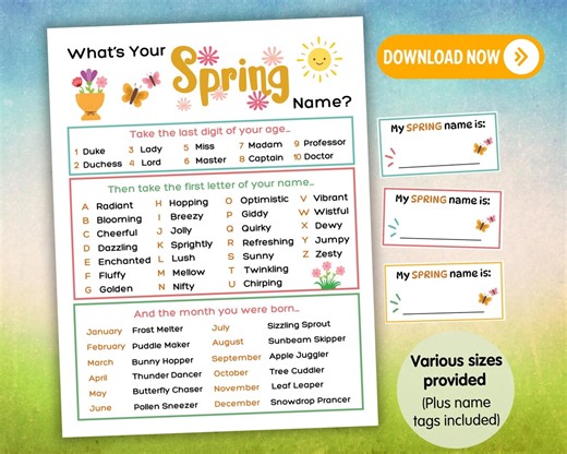 What’s Your Spring Name Game Printable, Spring Party Icebreaker Activity, Kids Classroom Fun Game, Seasonal Name Generator Adults, Birthdays - Etsy
