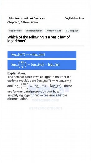 Basic Laws of Logarithms Differentiation Math 12th
