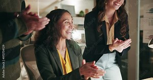 Applause, computer and smile with team of business people at desk in office for success. Collaboration, meeting or support with man and woman employee group clapping in workplace together at night
