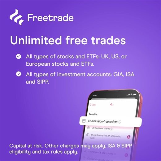 Curious about what stocks you can invest in with unlimited free trades? Wondering if it applies to ISAs and SIPPs too? 🤔 With Freetrade, all investments are commission-free, whether you're investing in UK, US, or European stocks. This also applies to all types of investment accounts, including ISAs and SIPPs. Stop the struggle with high commission fees or limited free trades. Download the app and start investing with Freetrade today! Subscribe to our Standard plan from £4.99/mo to invest in an 