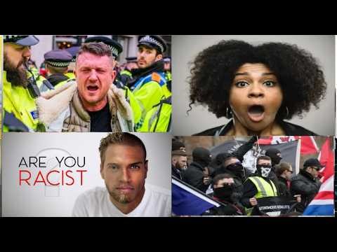 Shocked mixed race woman sees friendly white neighbour at Tommy Robinson white supremacist march