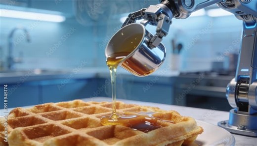 Futuristic robotic arm drizzling syrup onto waffle in high tech kitchen for international waffle day innovation campaign