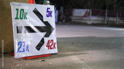 Marathon Direction Sign Showing 5K 10K 21K and 42K Race Routes at Night