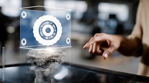 A modern engineering concept highlights how a hand touches a virtual engine hologram, blending augmented reality, simulation technology, and industrial design processes. cinematic color correction,