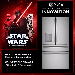 1.2K views · 37 reactions | Our 4-Door French-door refrigerator, with door-in-door, gives you easy access to drinks and snacks, along with hands-free autofill that fills your glass with precision. Explore: https://www.geappliances.com/the-force-of-innovation/refrigerator.htm?omni_key=SWFB_fridgevid #GEProfile #TheForceofInnovation #TheRiseofSkywalker See Star Wars: The Rise Of Skywalker when it hits theaters December 20! | GE Appliances | Facebook