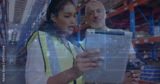 Lead showing scanner, guiding trainee with tablet, scanning racks while HUD overlay verifying stock