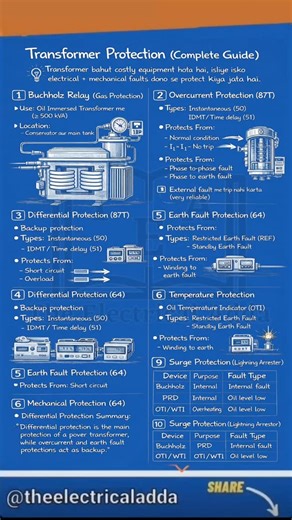 The Electrical Adda | Science + Technology on Instagram: "Complete Transformer Protection Guide ⚡ Every transformer is a costly and critical asset, so protecting it from electrical and mechanical faults is essential. From Buchholz Relay to Differential, Earth Fault, Temperature, Pressure & Surge Protection — this guide covers all major protections used in power transformers for safe and reliable operation. 👉 Save this post for revision 👉 Share with electrical engineers & students #TheElectrica