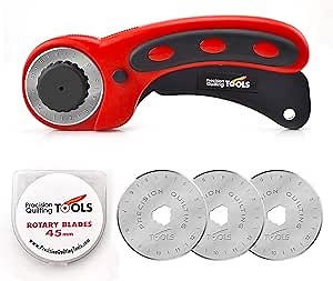 Precision Quilting Tools 45mm Deluxe Rotary Cutter with 3 Extra Blades (Red) - Fabric Cutter/Rotary Cutter for Fabric/Fabric Rotary Cutter