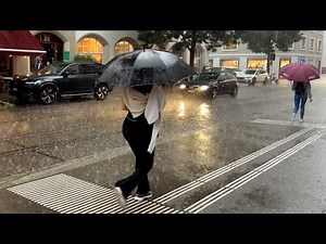 Zurich Storm Walk Heavy Rain 🌧 ☔️ 4K Walking Tour Summer Switzerland