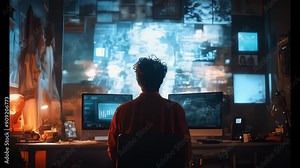 Hacker in a dark room analyzing data on multiple computer screens