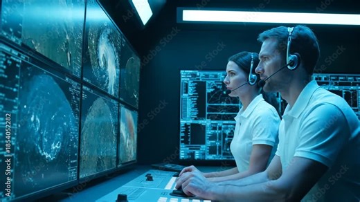 Woman operator monitors hurricane data on control screens. Team analyzes weather storm in control room. Woman points at hurricane monitor. Operator team tracks storm data. Weather control center work. Stock Video