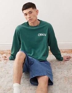 Obey long sleeve sensory exploration graphic logo t-shirt with back print in pigment dark green  | ASOS