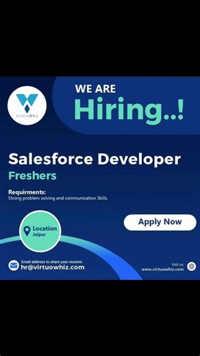 Salesforce Jungle on Instagram: "Hiring: Salesforce Developer (Fresher) We are looking for a passionate Salesforce Developer (Fresher) to join our team! Requirements: Basic knowledge of Salesforce (Admin + Development) Understanding of Apex, Triggers, LWC/Aura (basic level) Good communication & problem-solving skills Quick learner with positive attitude Responsibilities: Assist in Salesforce customization & configuration Work on Apex classes, triggers & components Support senior developers in da