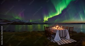 Romantic dinner table with northern lights.