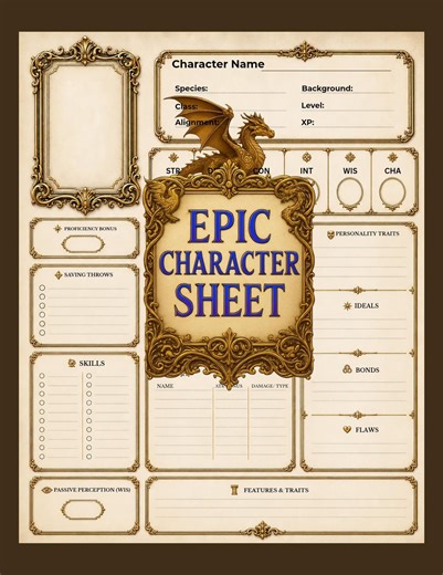 Dnd Mythic Character Sheet - Dnd 5e - 5 Page Set - Printable PDF A4/US Print - Vintage Parchment - Digital Download - Etsy