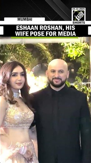 Newly-wed couple Eshaan Roshan and his wife arrive in style at their wedding reception