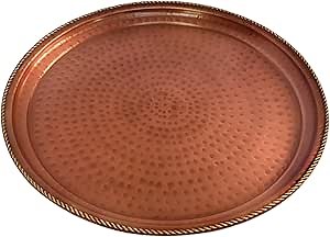 Leathervine Copper Finish Tray with Brass Rim 14" for Serving Tea, Snacks or Wine, Hand-Hammered Brass Decor Piece for Coffee Table or Dining, Stylish Round Platter That Elevates Every Occasion