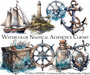 Watercolor Nautical Aesthetics Clipart Set of 20 Files