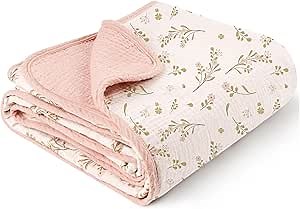 Konssy Muslin Baby Blankets for Girls Boys, 100% Cotton Crib Blanket for Infant Toddler, Super Soft and Lightweight Nursery Swaddling Wrap 40"x36" (Floral)