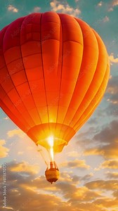 Colorful hot air balloon epic flying above beautiful landscape and ocean at sunrise with beautiful sky background High altitude aerial drone wide view 4k video summer.