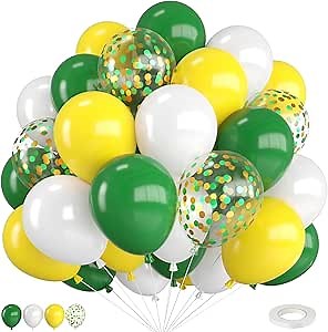 Green and Yellow Balloons,12 Inch Dark Green Yellow and White Confetti Balloons with Ribbon,for Birthday Baby Shower Football Golf Sport Theme Party Decorations