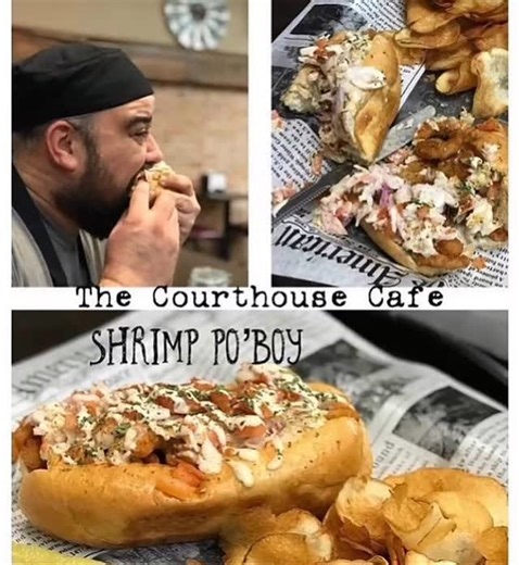 #thecourthousecafefeature on the docket today we have #TheShrimpPoBoy This is our fried shrimp tossed in seasonings and sauce served on a hoagie roll and topped with lettuce, tomato, cole slaw, bleu cheese dressing, and parsley. Served with our famous house made chips and choice of second side! @thecourthousecafe @happyplaceportales #onthesquare #portales #realfreshfood hometowncafe | The Courthouse Cafe | Facebook