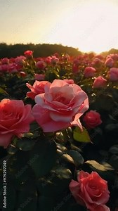 A Rosy Dawn: A field of pink roses bathed in the warm glow of sunrise.