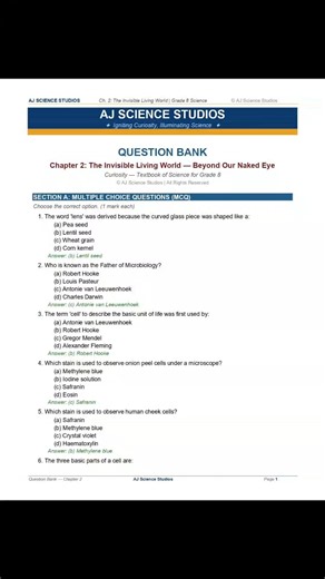 Solved Question Bank- Curosity (Science) - Grade-8 - Chapter-2 - The Invisible Living World #cbse