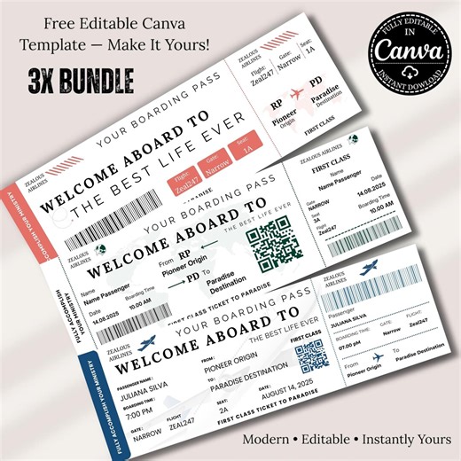 Editable Boarding Pass Template Bundle Canva, 3X Surprise Trip Tickets, DIY Airline Boarding Pass, Printable Travel Gift - Etsy