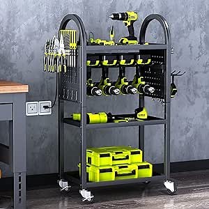 KAFAHOM Power Tool Organizer - 4 Tier Rolling Tool Cart with 8-12 Drill Holder,Tool Storage Cart on Wheels - Heavy Duty Metal Utility Tool Shelf for Garage, Workshop, Warehouse & Repair Shop