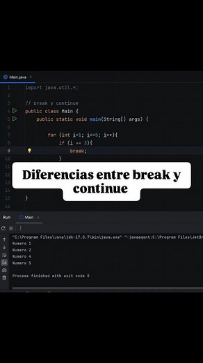 Diferencias entre break y continue en java . . #java #programacion #code #software #developer #break #continue #programming | Valdoring