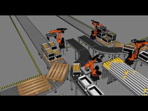 Visual components bottle boxing and palletizing project with KUKA robots