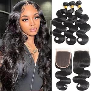 Bundles with Closure Human Hair Body Wave 10 12 14+10 Inch 100% Unprocessed Brazilian Virgin Human Hair 3 Bundles with Closure Human Hair Extensions with 4x4 Free Part Lace Closure Natural Black