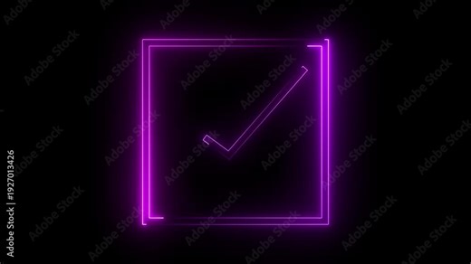 glowing neon pink color tick mark sign sample motion background video for mobile Glowing pink checkmark inside a rectangel animated on a black background. 4k vedio
