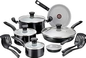 T-fal Initiatives Ceramic Non Stick Cookware Set 14 Piece, Oven Broiler Safe 350F, Kitchen Cooking Set W/Fry Pans, Saucepans, Dutch Oven, Utensils, Healthy Cooking, Pots and Pans, Home, Black