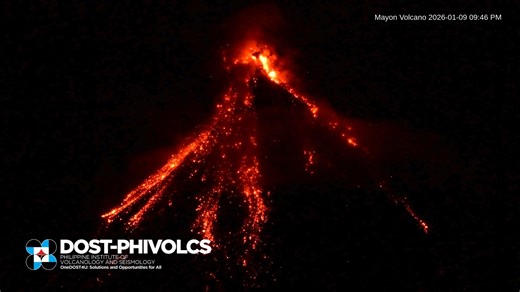 LOOK: Incandescent pyroclastic density currents (PDC) or “uson” and rockfall are continually shed from the summit lava dome of Mayon Volcano onto the Mi-isi, Bonga and Basud Gullies. A total of 150 rockfalls and 90 PDCs have been recorded by the Mayon Volcano Network on 09 January 2026. Alert Level 3 prevails over Mayon and entry into the 6-km Permanent Danger Zone must be prohibited. #MayonVolcano | Philippine Institute of Volcanology and Seismology (PHIVOLCS-DOST)
