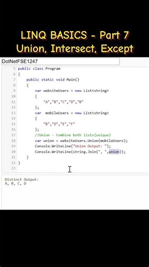 Master LINQ Set Methods in 30 sec 🔥 | Distinct, Union, Intersect, Except. #csharp #linq #dotnet.