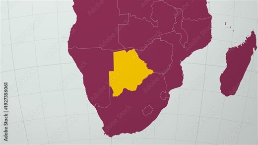 Botswana map. Animated zoom into the country on the Globe in Pale Mint Dark Pink color palette. Country logo animation with round text and airplanes. Map with meridians, parallels. Neat video.